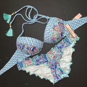 VS 32A BIKINI XS,S RUFFLED CHEEKY foil BLUE TEASE